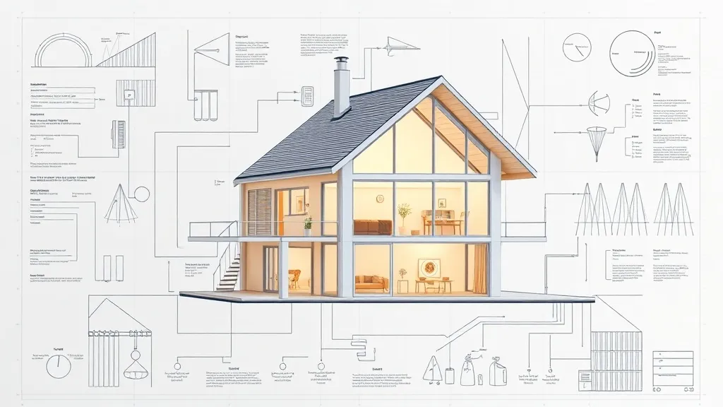 A technical blueprint of a sustainable house showing energy