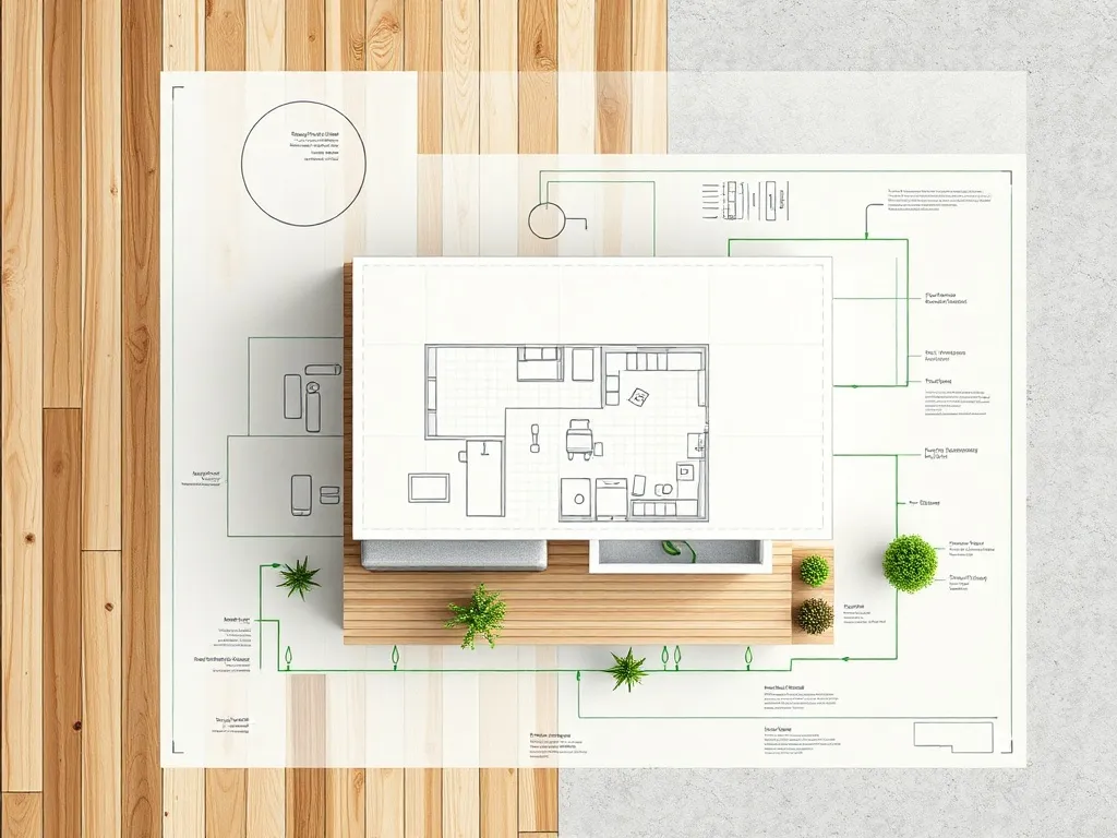 Architectural blueprint of a sustainable house with green en