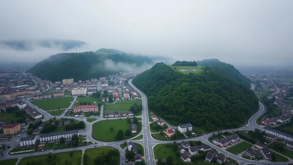 Aerial view of Miskolc city with green hills and residential