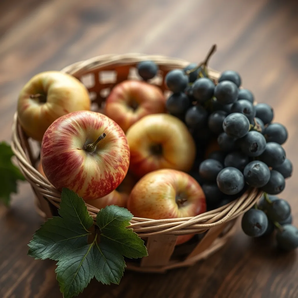Close up of a wooden basket with organic apples and grapes,